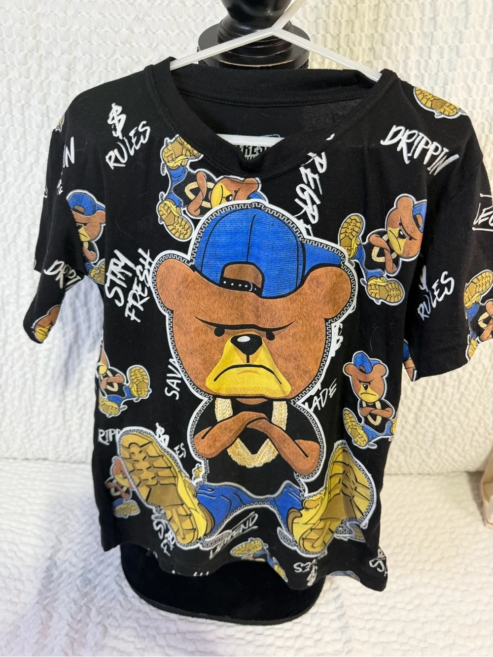 Kids Black Graphic Bear Tee with Blue Accent